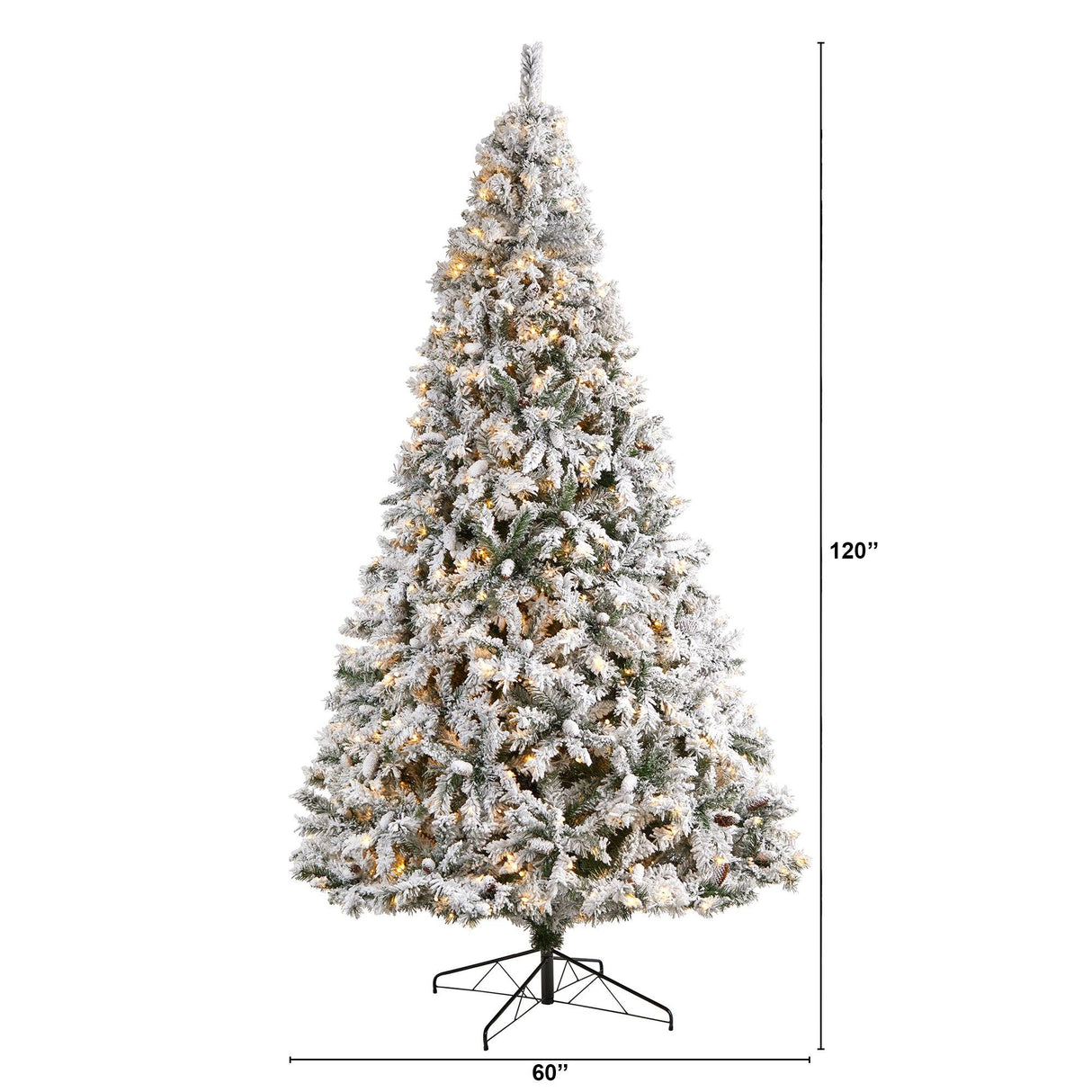 10' Flocked White River Mountain Pine Christmas Tree with Pinecones and 800 Clear LED Lights-Christmas Tree-Parc Decor