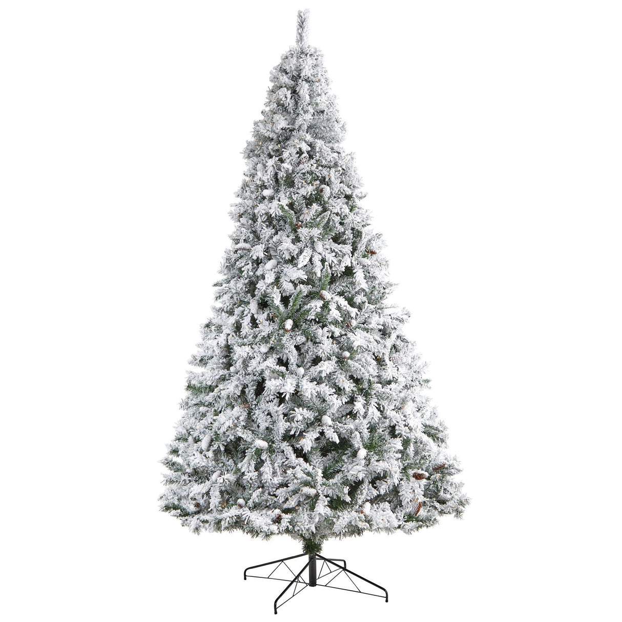 10' Flocked White River Mountain Pine Christmas Tree with Pinecones and 800 Clear LED Lights-Christmas Tree-Parc Decor