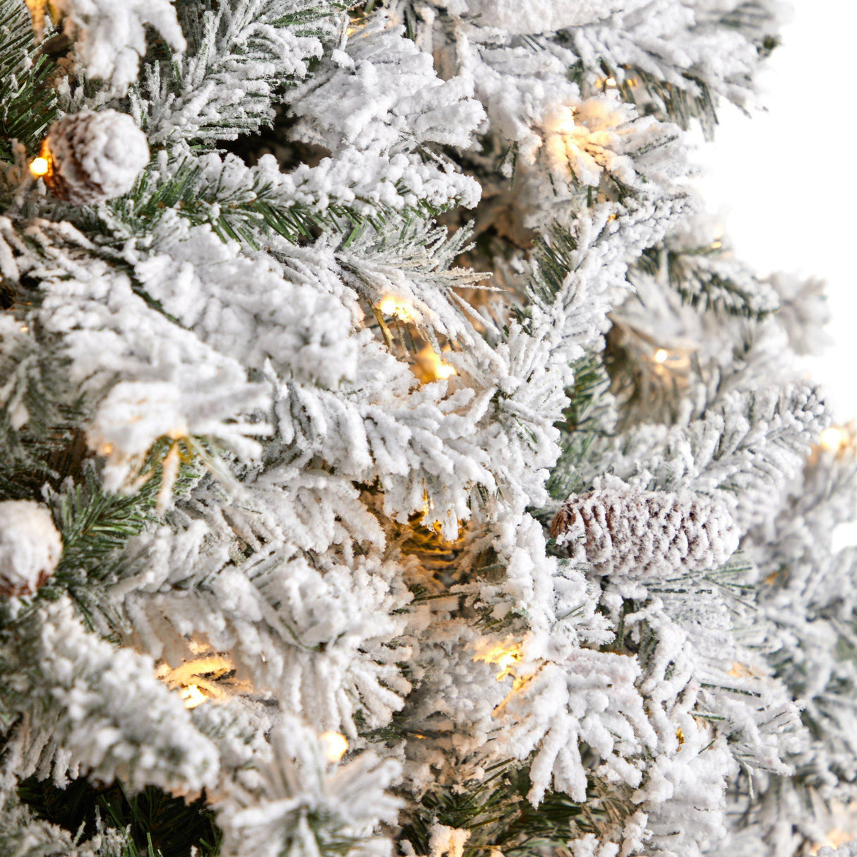 10' Flocked White River Mountain Pine Christmas Tree with Pinecones and 800 Clear LED Lights-Christmas Tree-Parc Decor