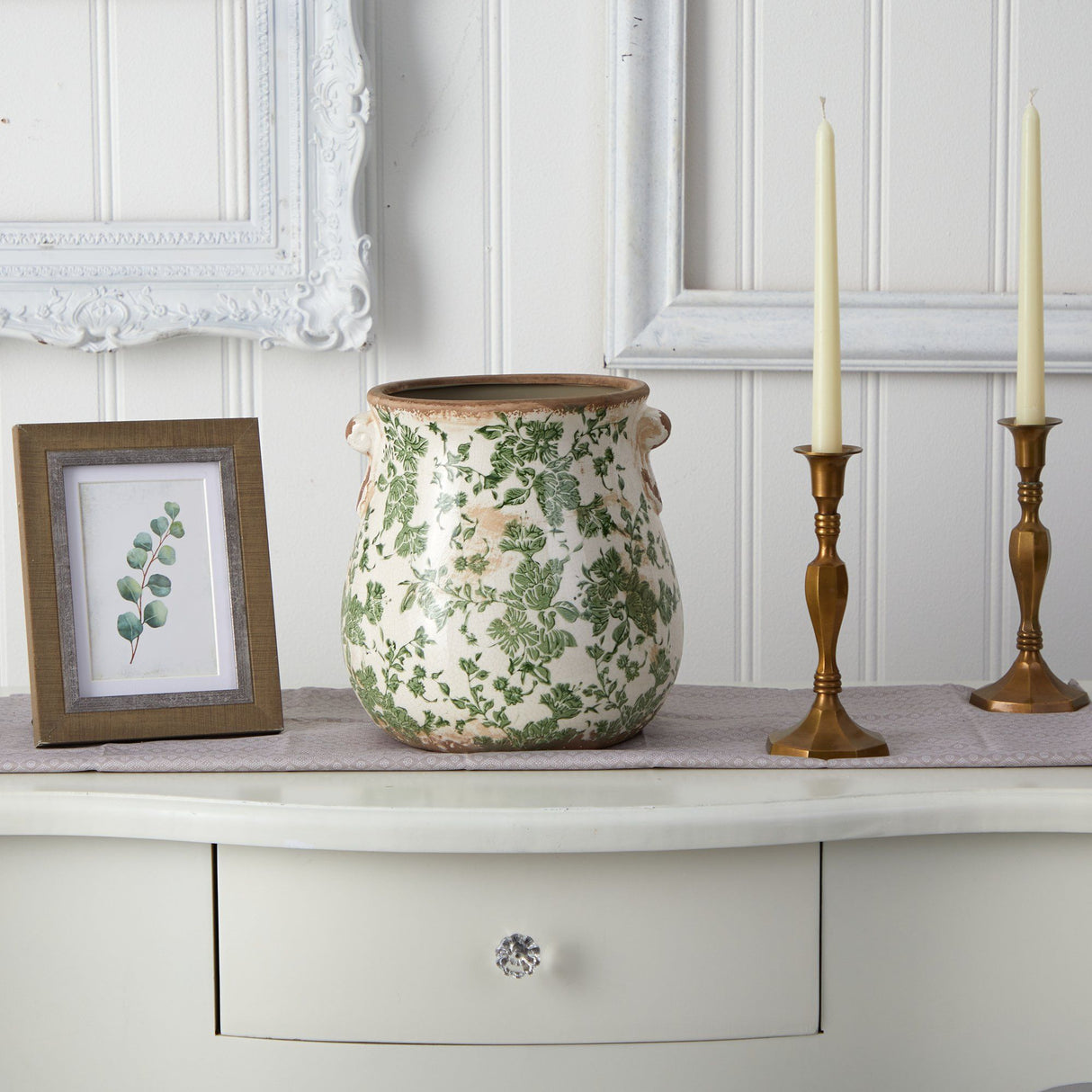 10” Tuscan Ceramic Green Scroll Planter w/ Handles-Planter-Parc Decor