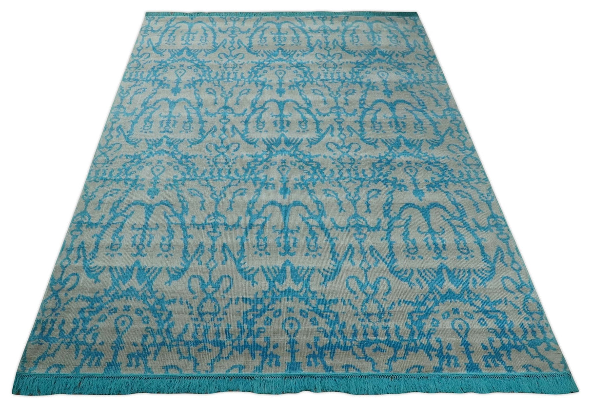 10x14 Hand Knotted Beige and Blue Modern Contemporary Bamboo Silk Area Rug