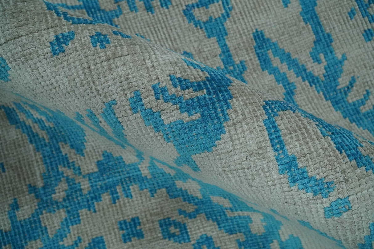 10x14 Hand Knotted Beige and Blue Modern Contemporary Bamboo Silk Area Rug