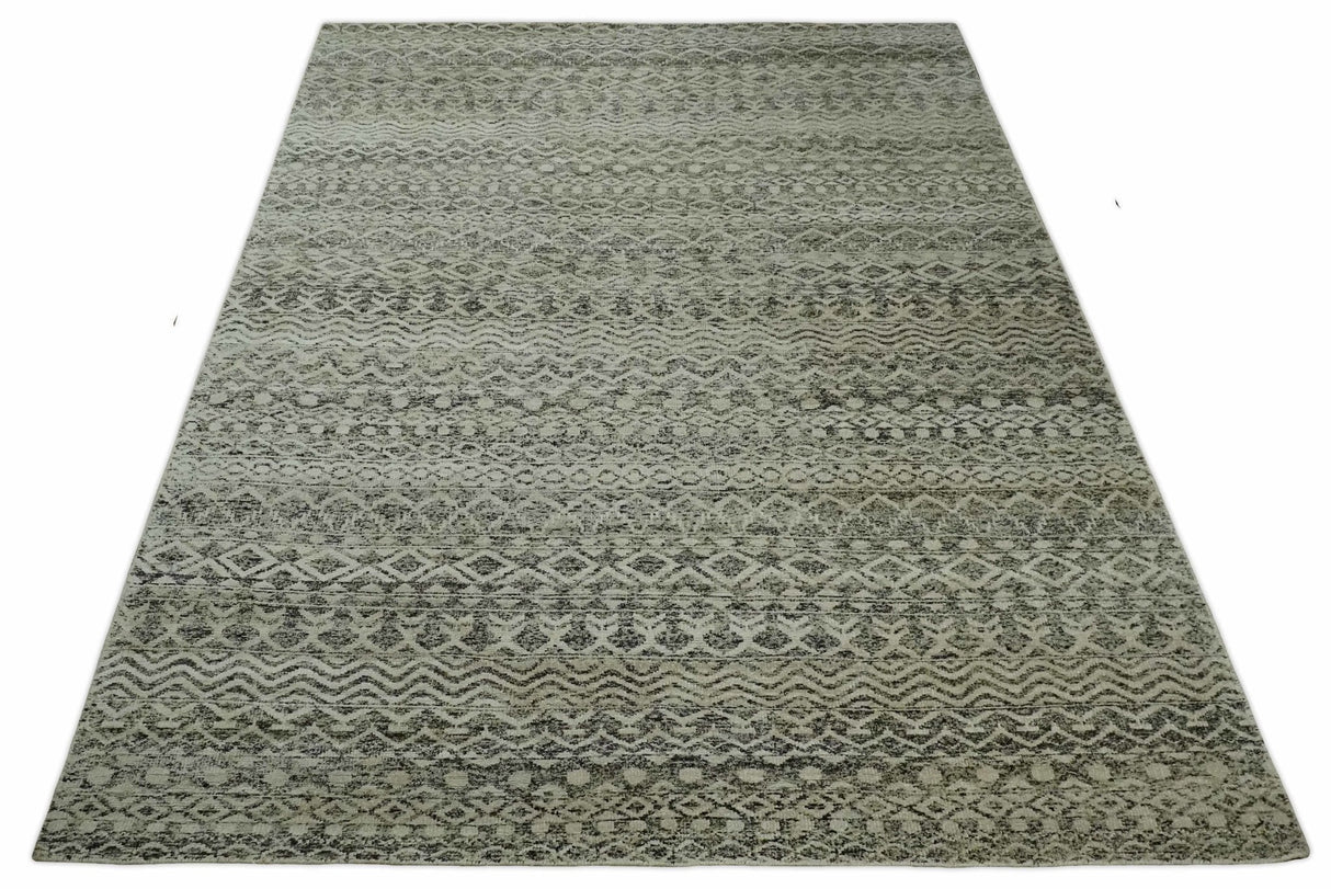 10x14 Hand Knotted Ivory and Black Modern Contemporary Southwestern Recycled Silk Area Rug