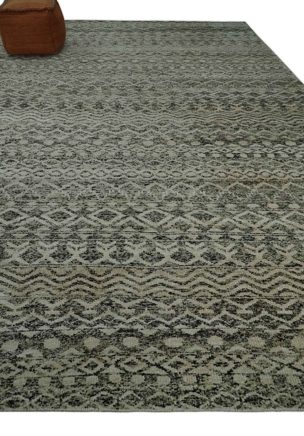 10x14 Hand Knotted Ivory and Black Modern Contemporary Southwestern Recycled Silk Area Rug