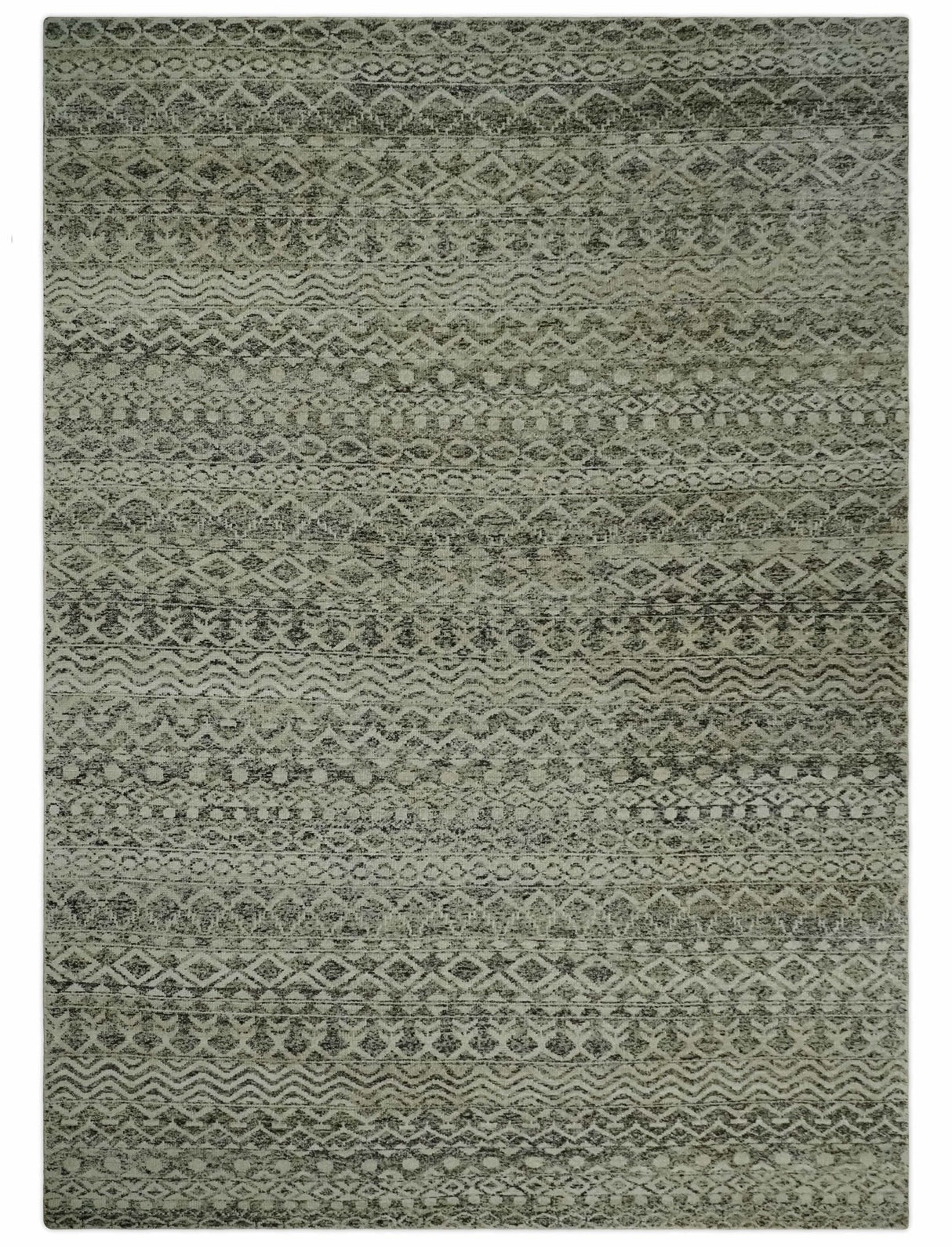 10x14 Hand Knotted Ivory and Black Modern Contemporary Southwestern Recycled Silk Area Rug