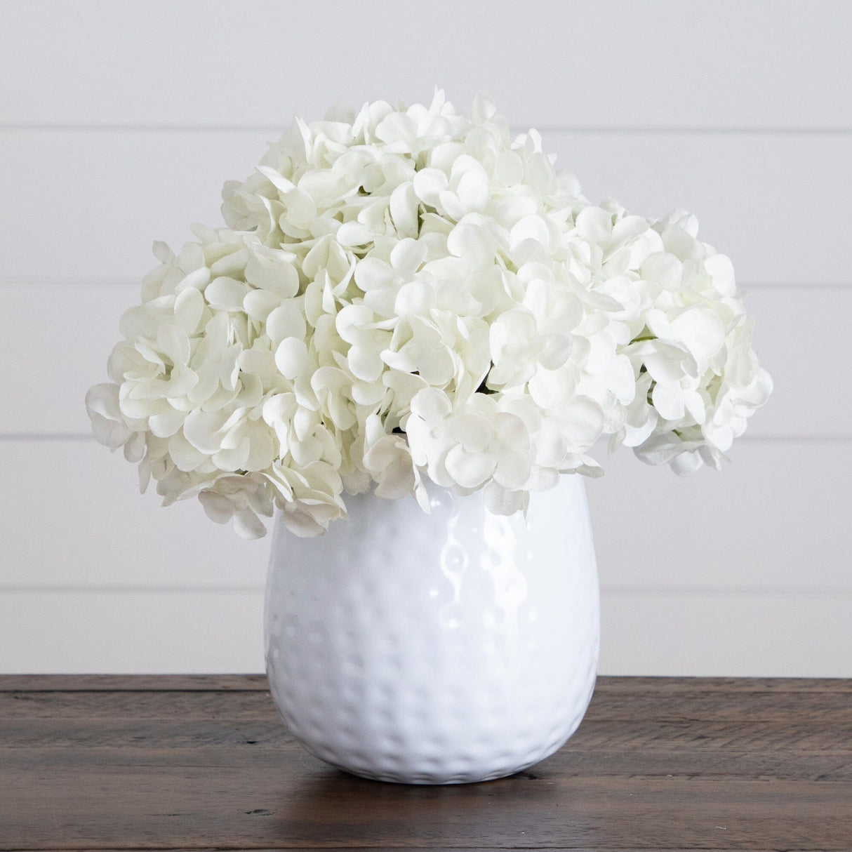 11” Artificial Hydrangea Arrangement in White Metal Vase-Arrangement-Parc Decor