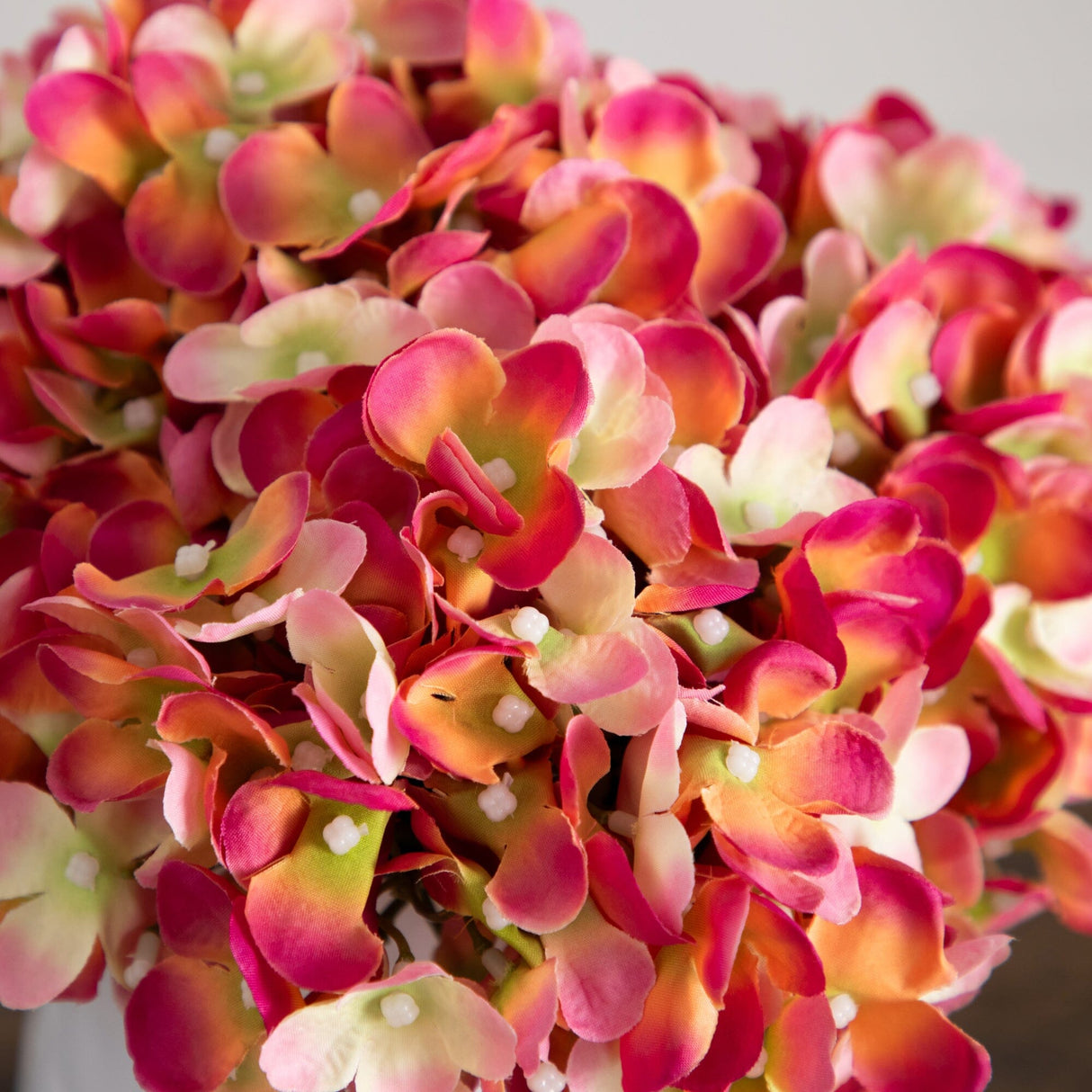 11” Artificial Hydrangea Arrangement in White Metal Vase-Arrangement-Parc Decor