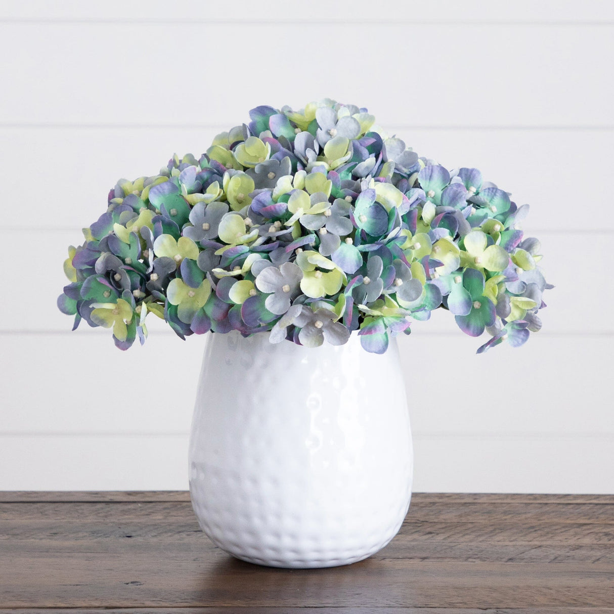 11” Artificial Hydrangea Arrangement in White Metal Vase-Arrangement-Parc Decor