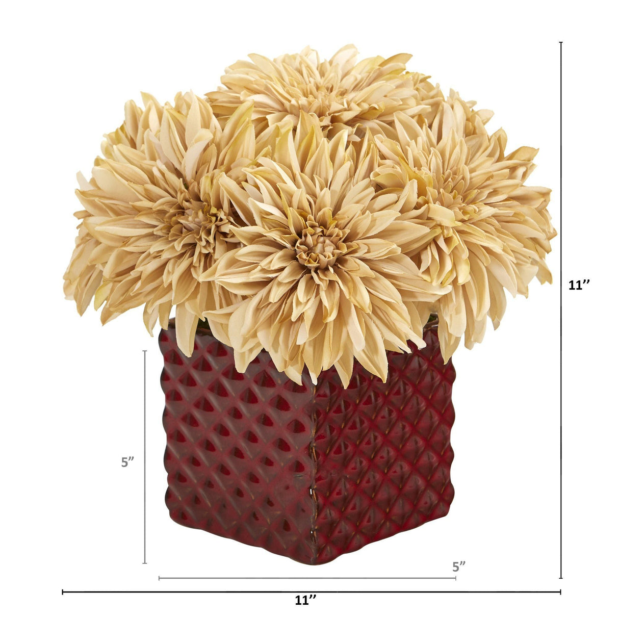 11” Dahlia Artificial Arrangement in Red Ceramic Cube-Arrangement-Parc Decor