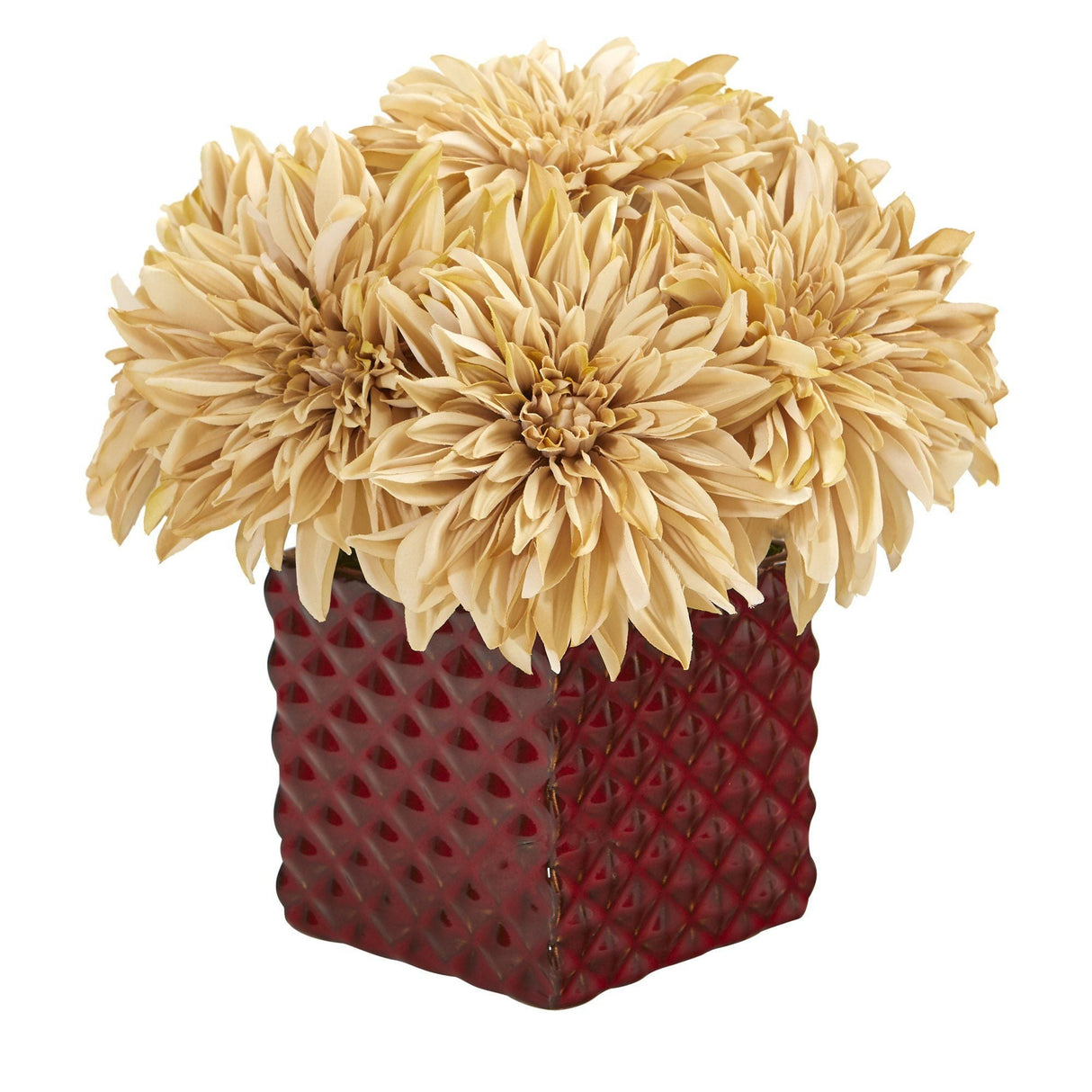 11” Dahlia Artificial Arrangement in Red Ceramic Cube-Arrangement-Parc Decor