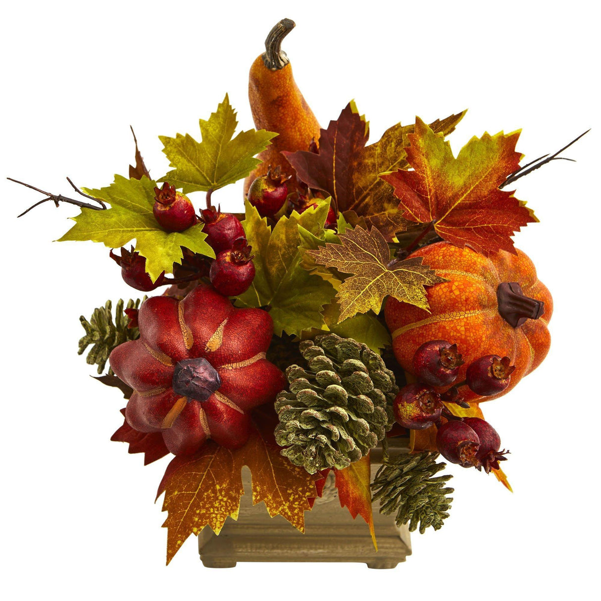 11" Pumpkin, Gourd, Berry and Maple Leaf Artificial Arrangement"-Arrangement-Parc Decor