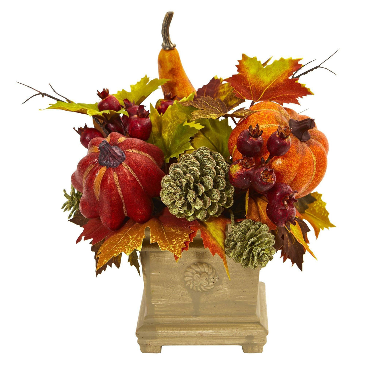 11" Pumpkin, Gourd, Berry and Maple Leaf Artificial Arrangement"-Arrangement-Parc Decor