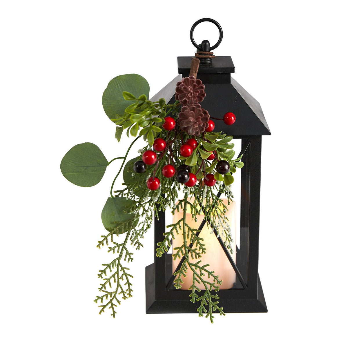 12" Holiday Berries and Greenery Metal Lantern Table Christmas Arrangement with LED Candle Included"-Candelabrum-Parc Decor