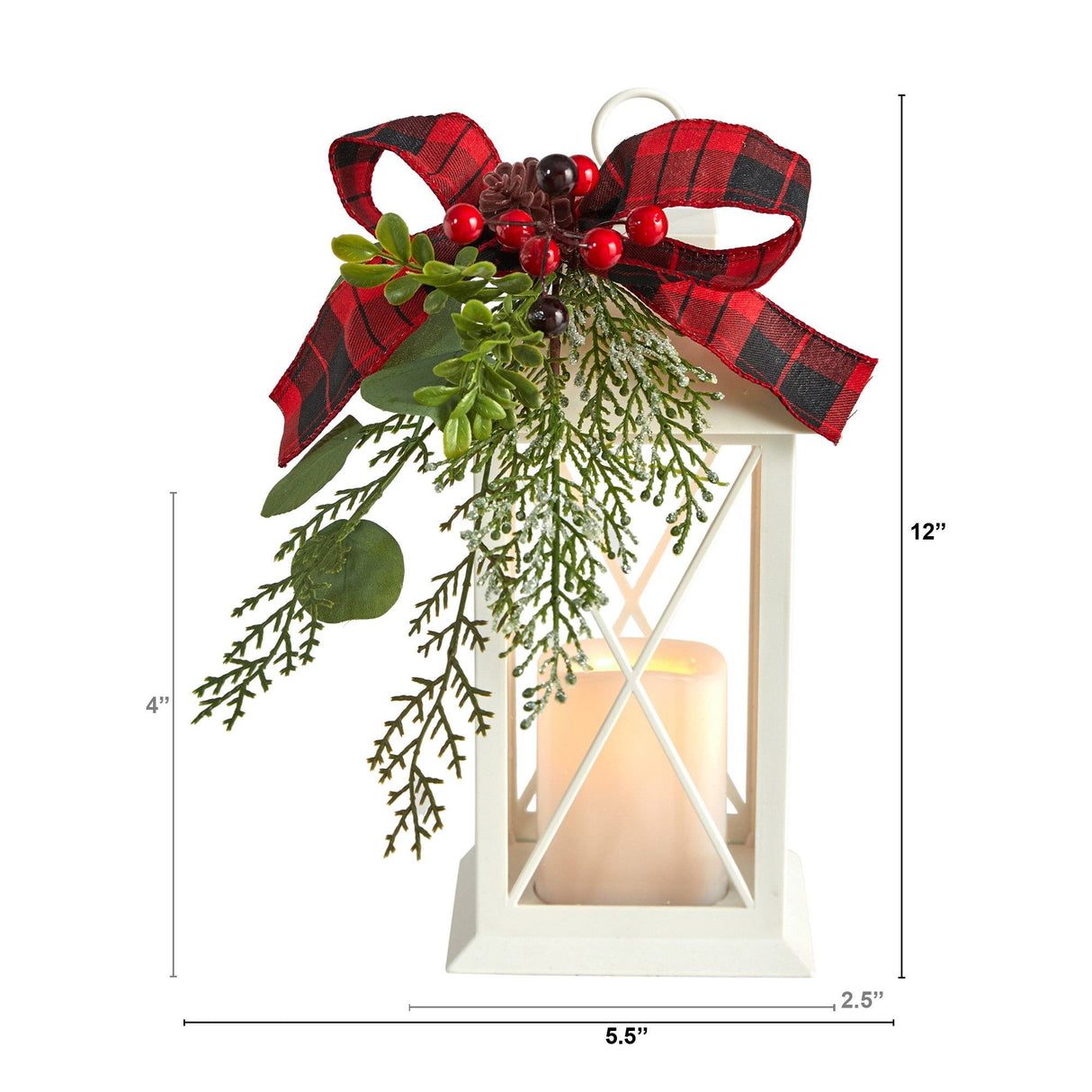 12" Holiday White Lantern With Berries, Pine and Plaid Bow Christmas Table Arrangement"-Candelabrum-Parc Decor