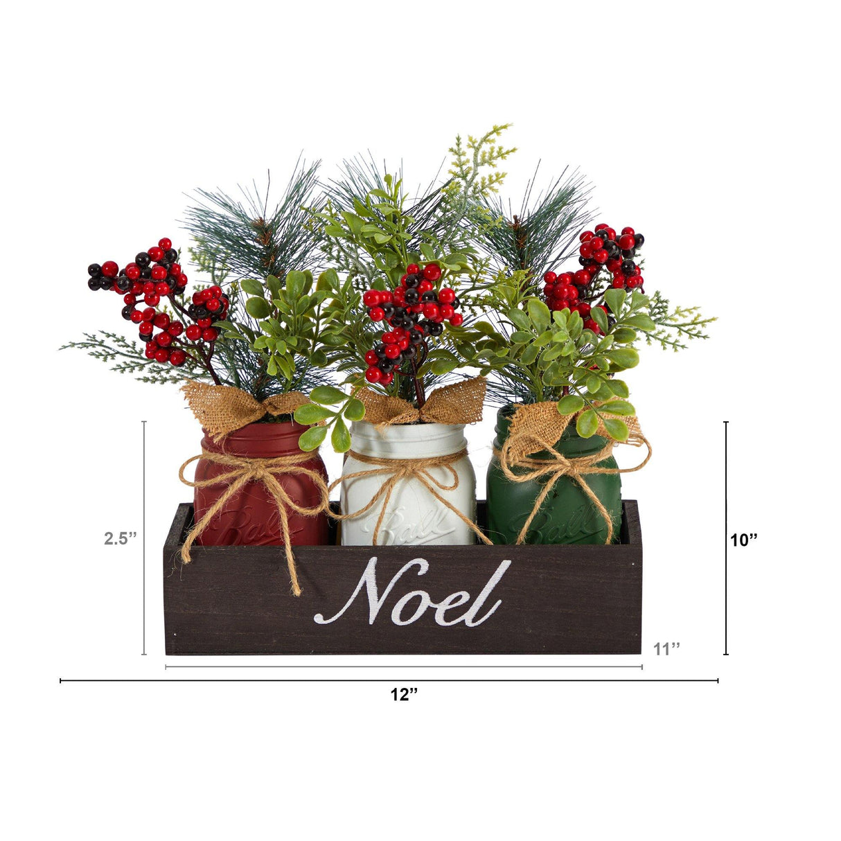12” Holiday Winter Pine and Berries Three Piece Mason Jar “Noel” Table Christmas Arrangement Décor-Arrangement-Parc Decor