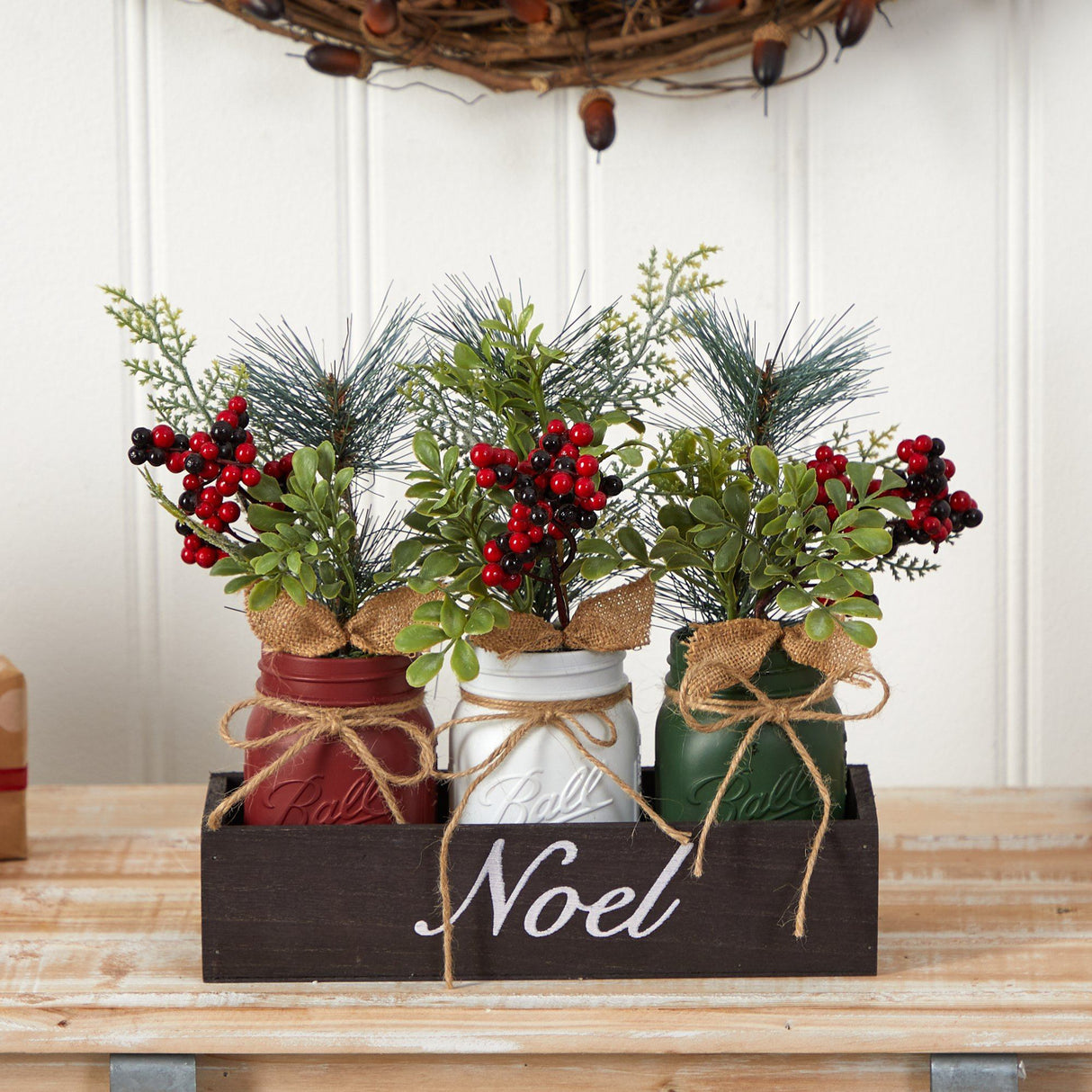 12” Holiday Winter Pine and Berries Three Piece Mason Jar “Noel” Table Christmas Arrangement Décor-Arrangement-Parc Decor