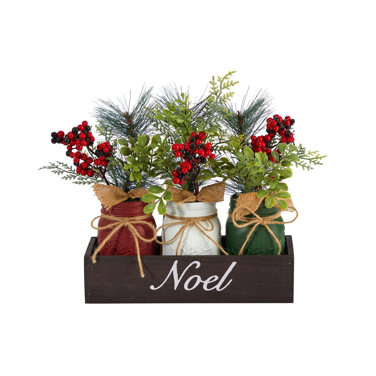 12” Holiday Winter Pine and Berries Three Piece Mason Jar “Noel” Table Christmas Arrangement Décor-Arrangement-Parc Decor