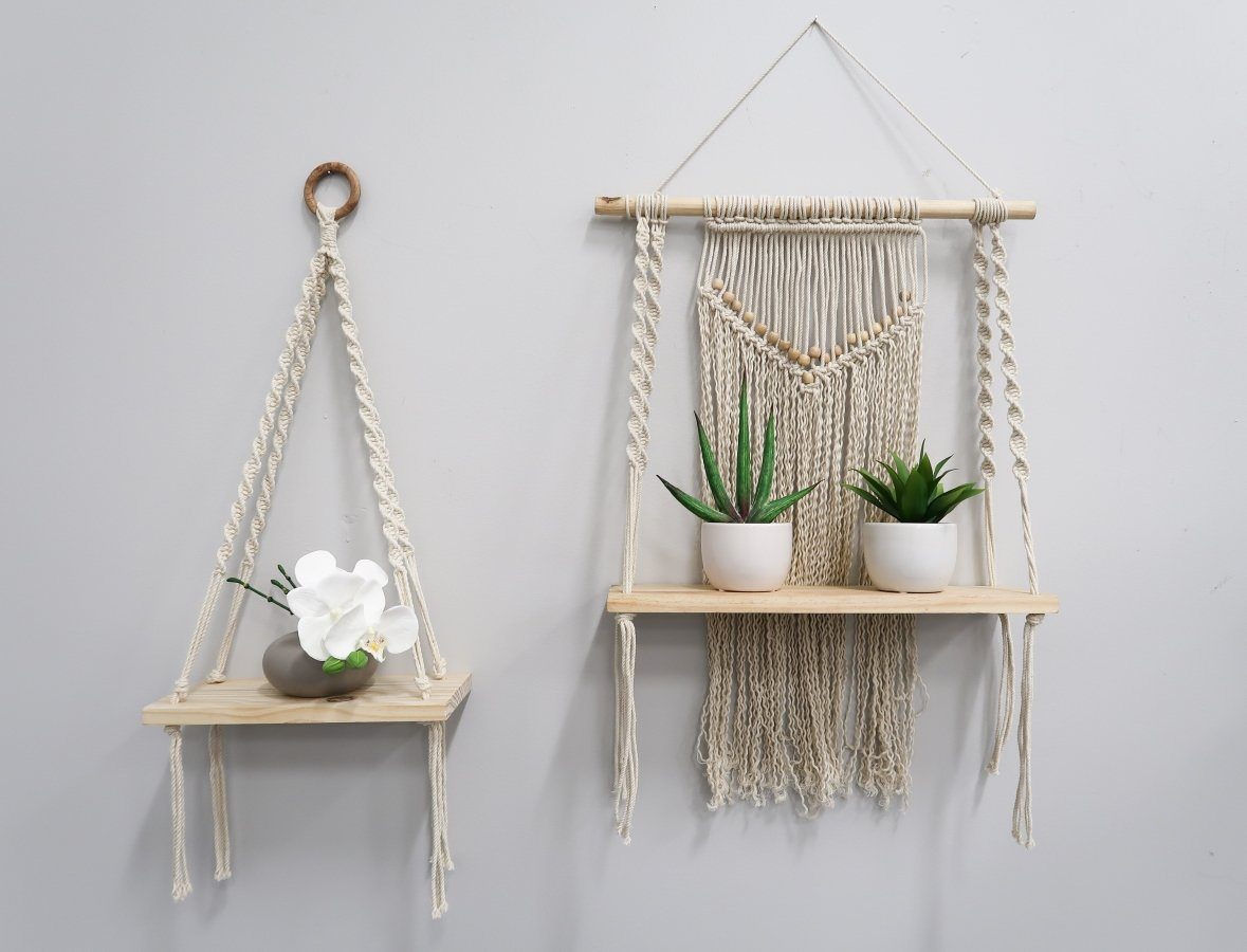 12” x 22” Hand Woven Macrame Wall Hanging with Wooden Shelf-Wall Decor-Parc Decor