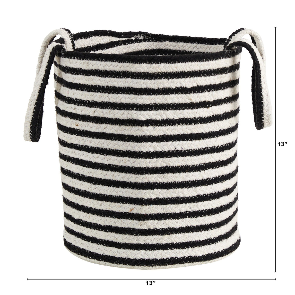 13” Boho Chic Basket Natural Cotton, Handwoven Black and White Stripe with Handles-Parc Decor