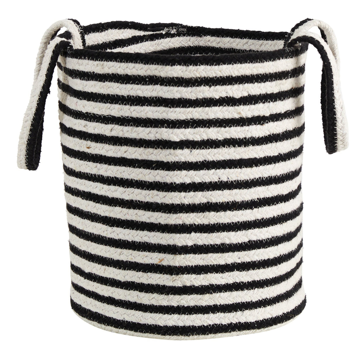 13” Boho Chic Basket Natural Cotton, Handwoven Black and White Stripe with Handles-Parc Decor