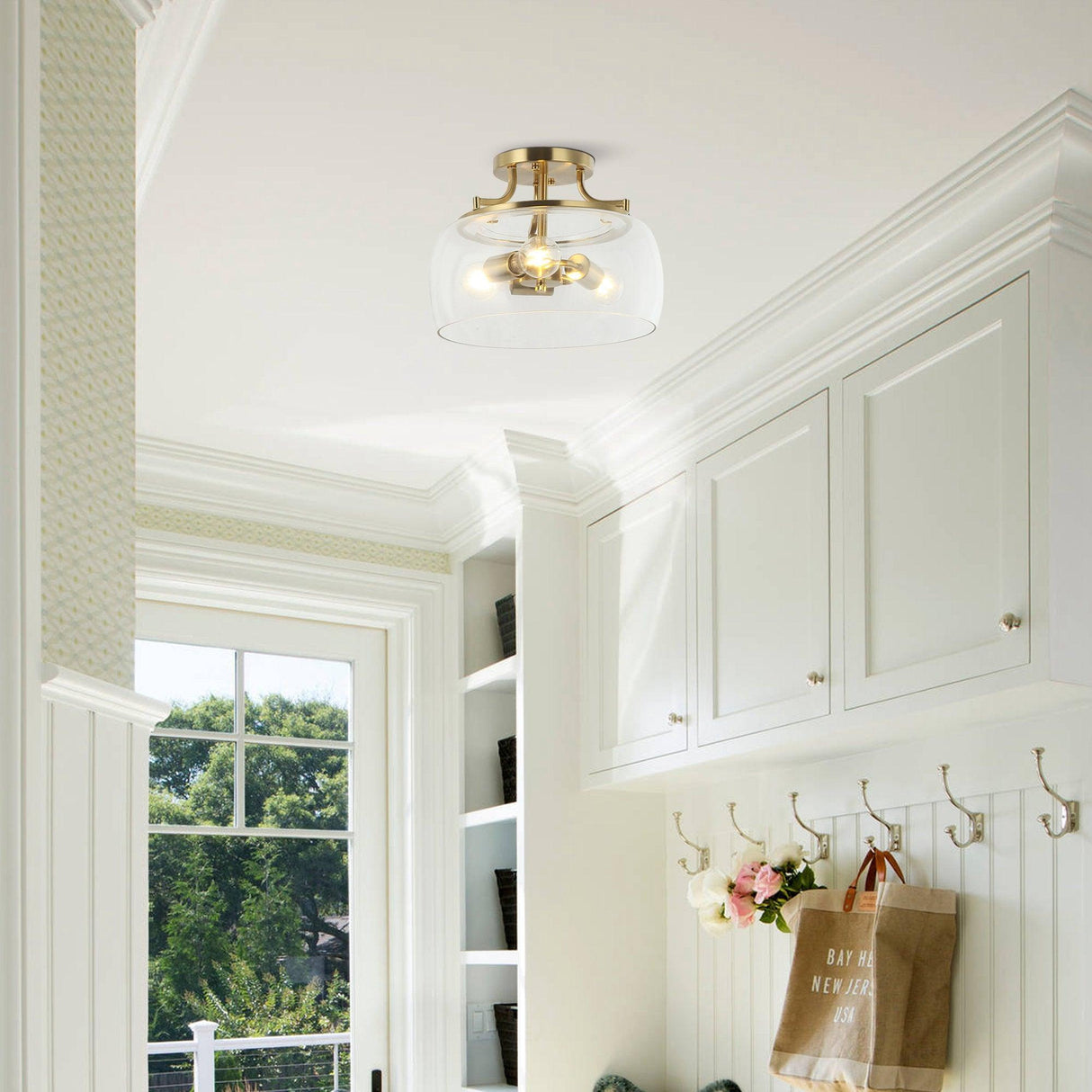 13 Inch 3-Light Brass Gold Semi-Flush Mount Ceiling Light Fixture with Clear Glass Shade-吸顶灯具-Parc Decor