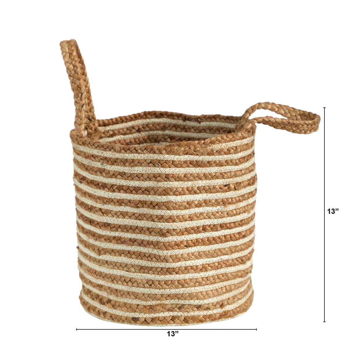 14” Boho Chic Basket Natural Cotton and Jute, Handwoven Stripe with Handles-Parc Decor