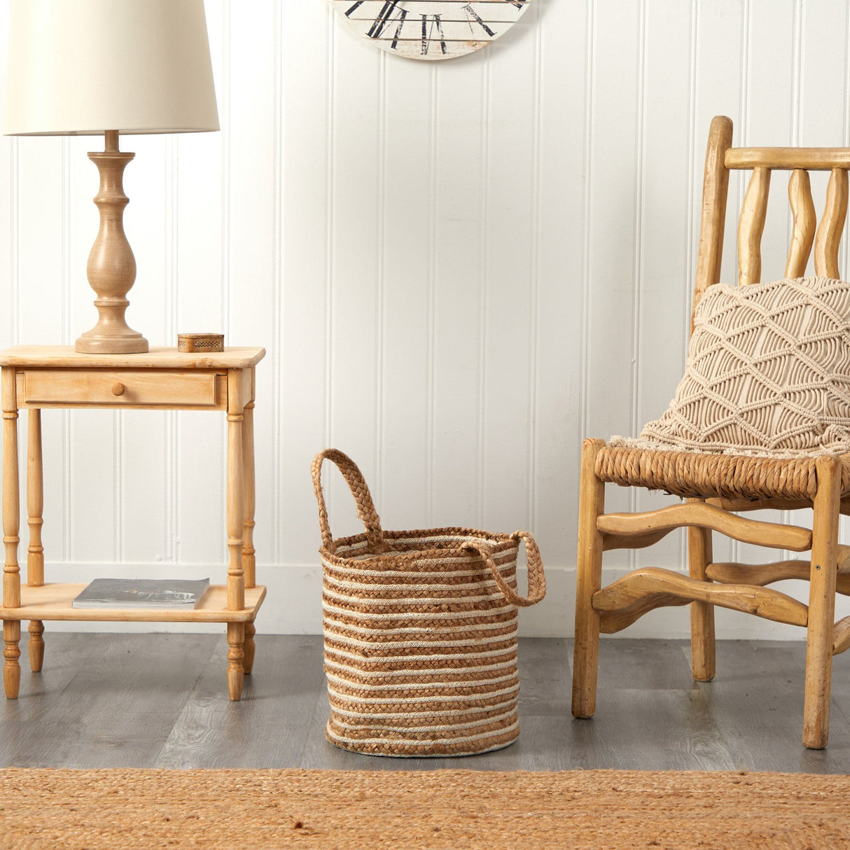 14” Boho Chic Basket Natural Cotton and Jute, Handwoven Stripe with Handles-Parc Decor