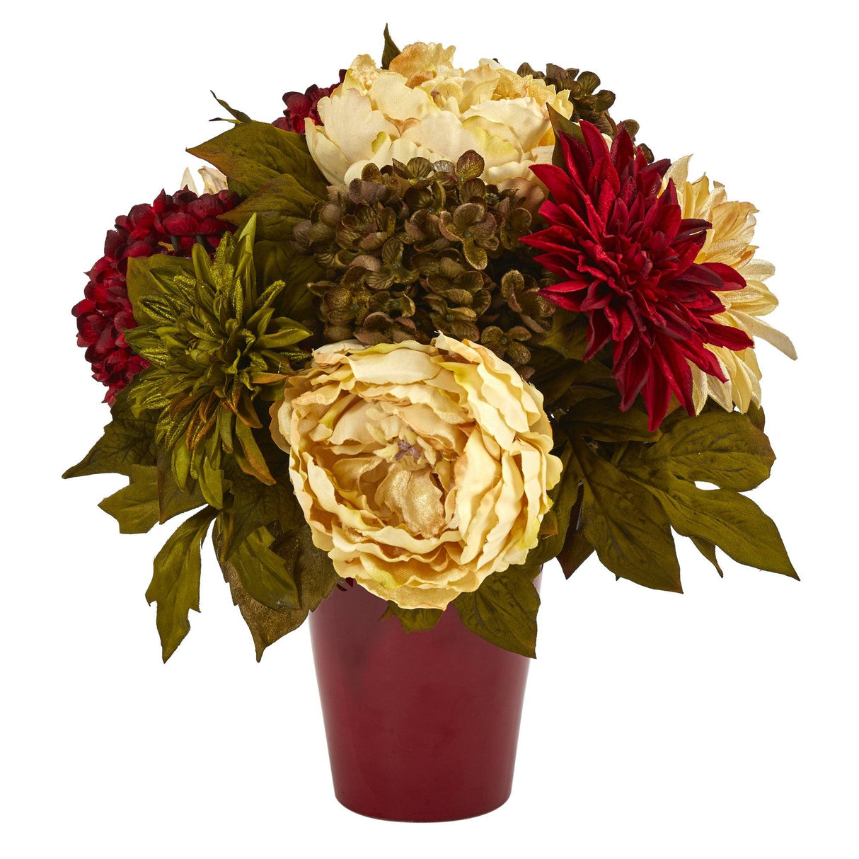 14” Peony, Hydrangea and Dahlia Artificial Arrangement in Burgundy Vase-Parc Decor