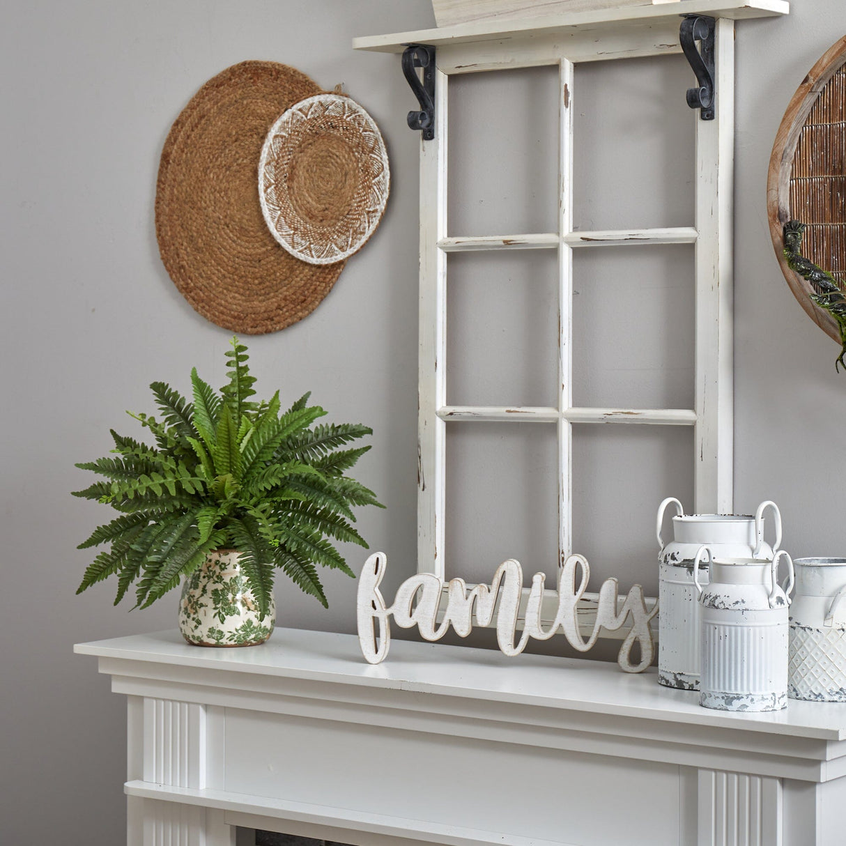 15” Boston Fern Artificial Plant with Tuscan Ceramic Green Scroll Planter-Plant in Planter-Parc Decor