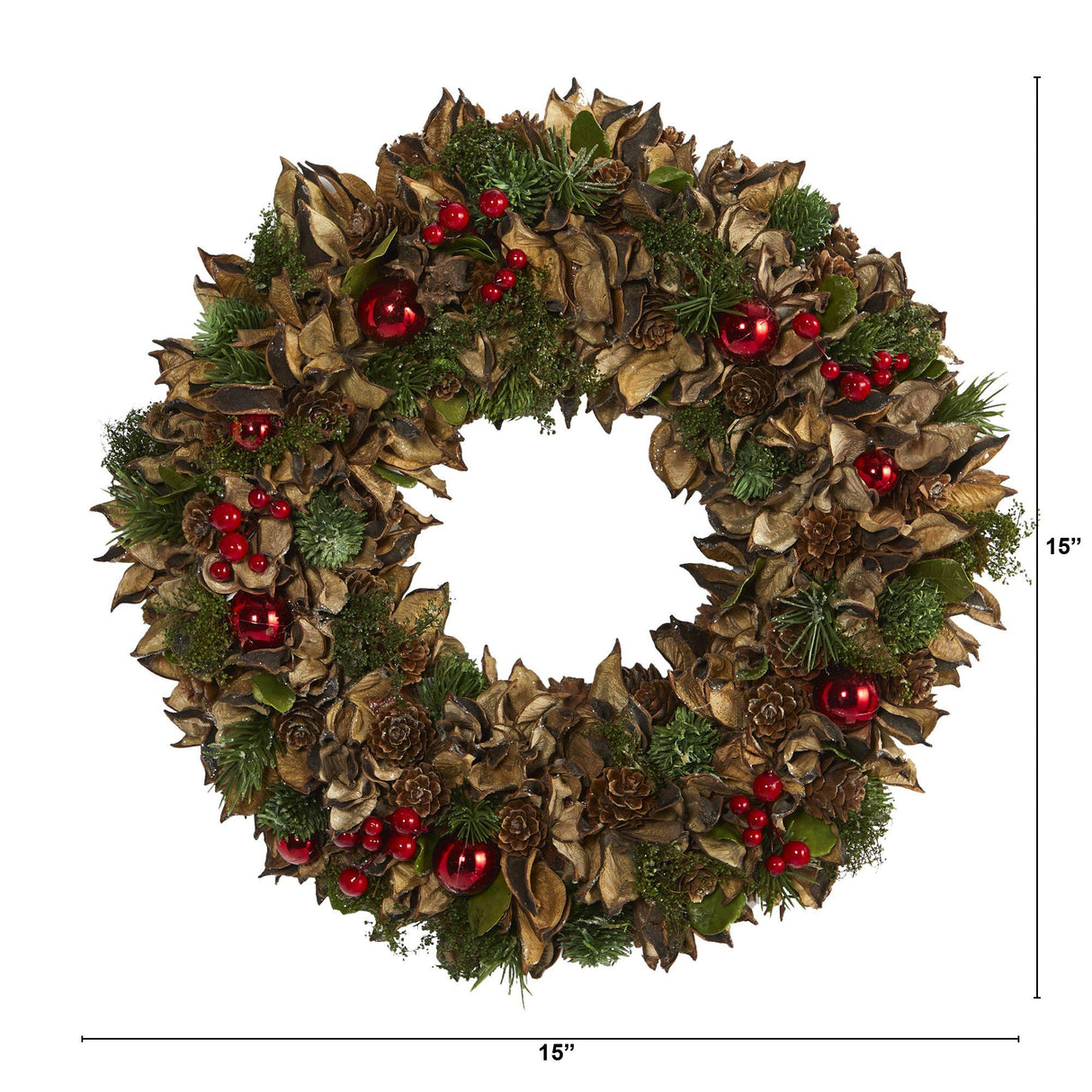 15” Holiday Artificial Wreath with Pine Cones and Ornaments-Wreath-Parc Decor