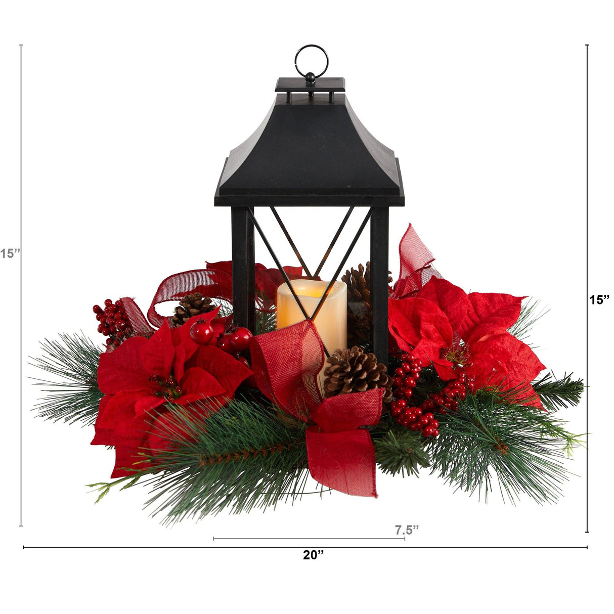 15” Holiday Poinsettia, Pinecone and Greenery with Lantern and LED Candle Table Arrangement-Candelabrum-Parc Decor