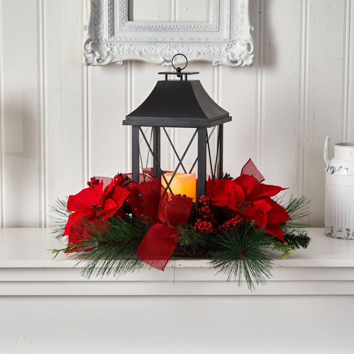 15” Holiday Poinsettia, Pinecone and Greenery with Lantern and LED Candle Table Arrangement-Candelabrum-Parc Decor