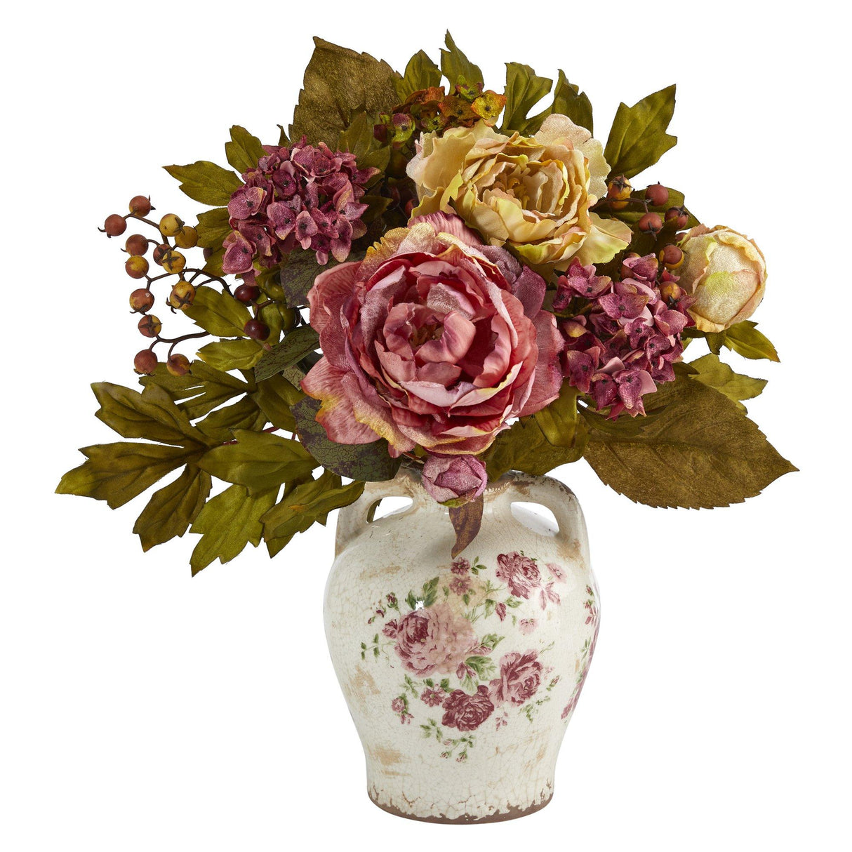 16” Peony Artificial Arrangement in Flower Print Jar-Parc Decor