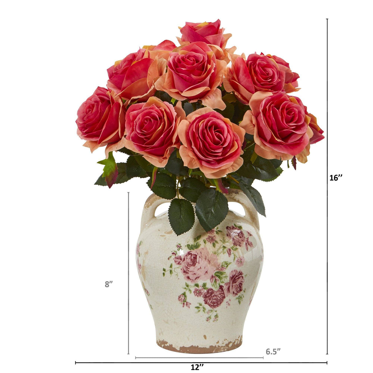 16” Rose Artificial Arrangement in Flower Print Jar-Parc Decor
