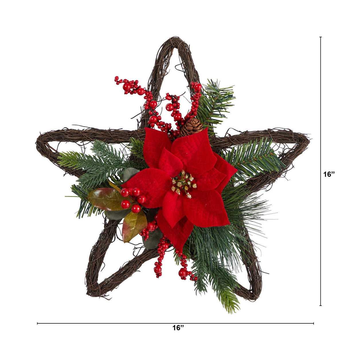 16” Holiday Christmas Poinsettia Star Twig Wreath-Wreath-Parc Decor