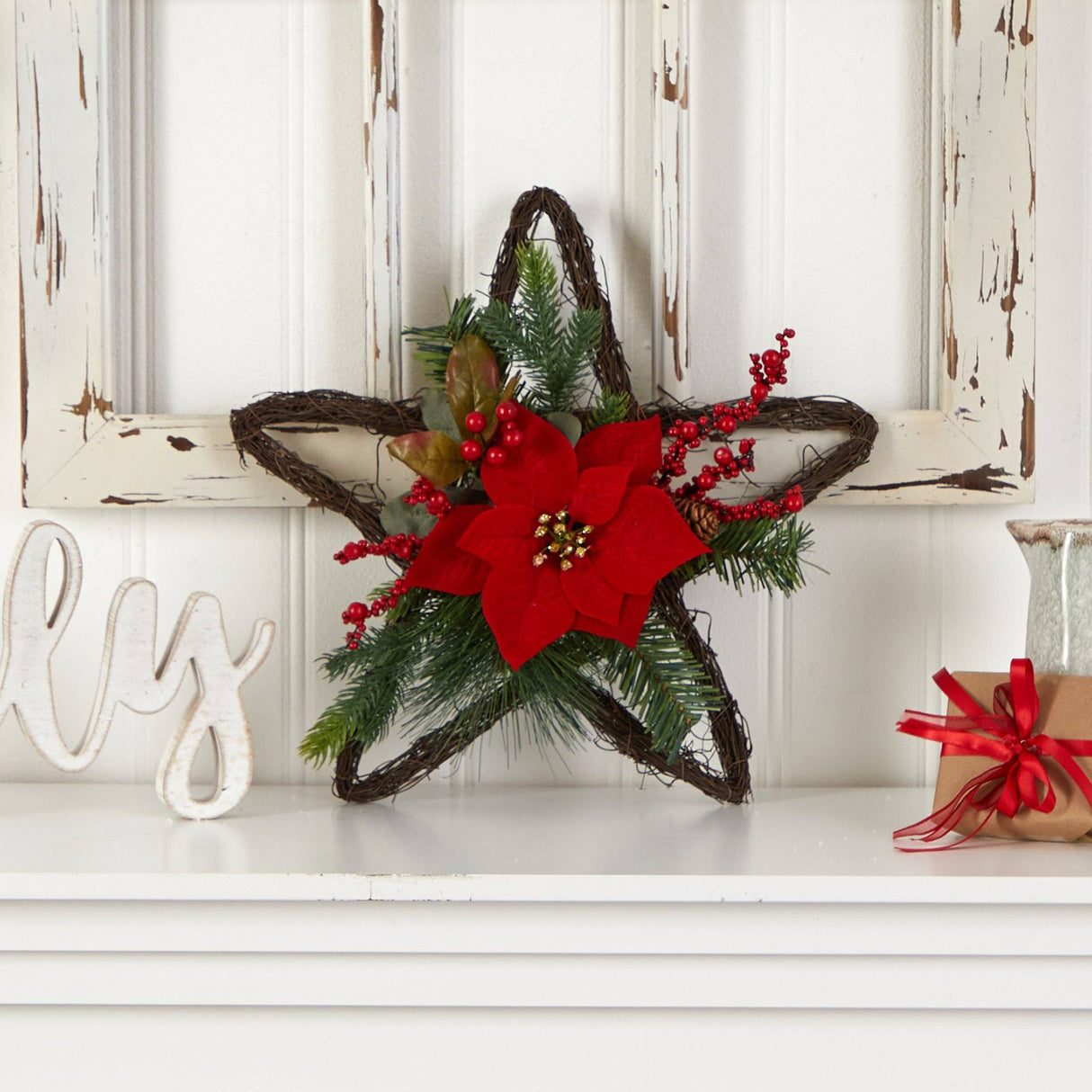 16” Holiday Christmas Poinsettia Star Twig Wreath-Wreath-Parc Decor