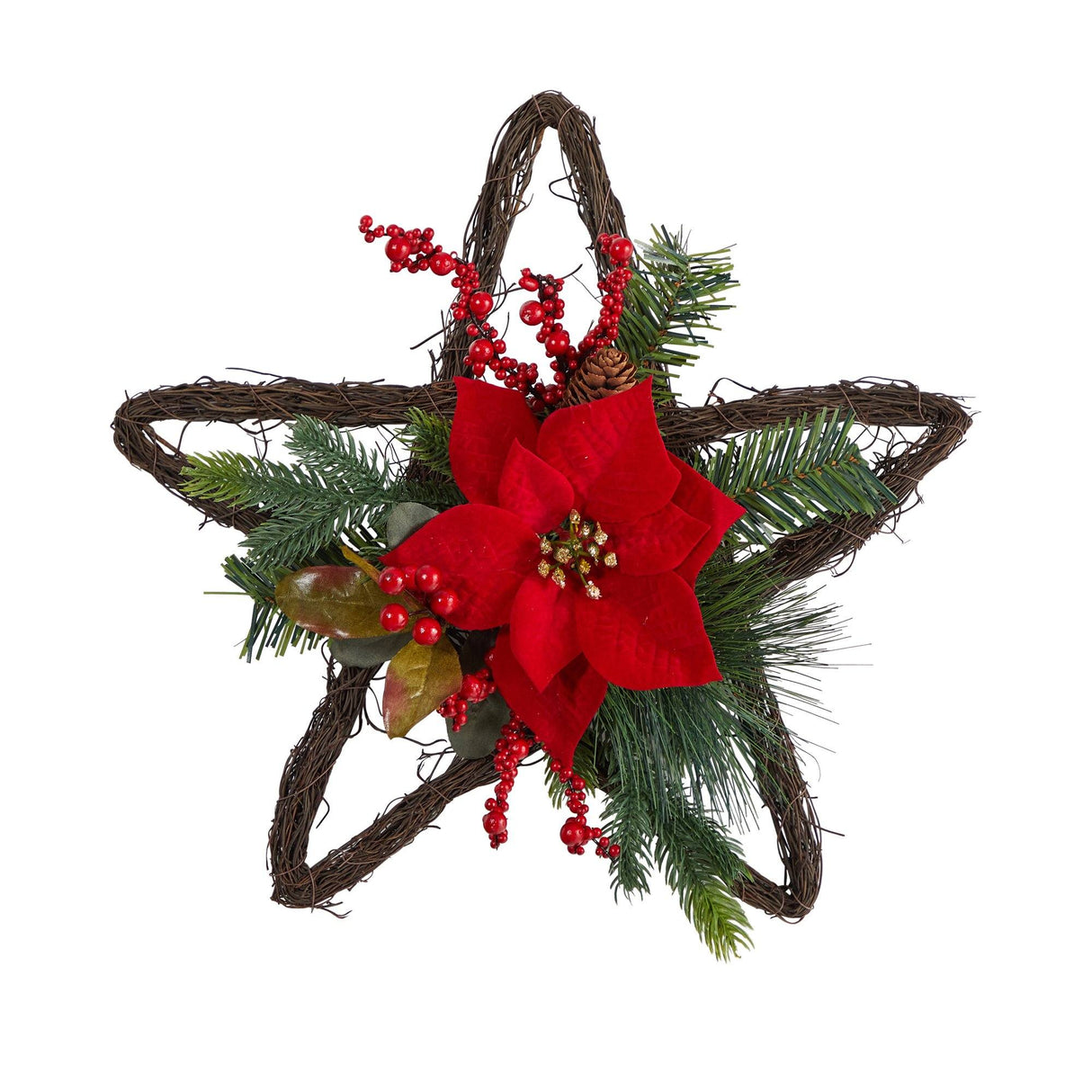 16” Holiday Christmas Poinsettia Star Twig Wreath-Wreath-Parc Decor