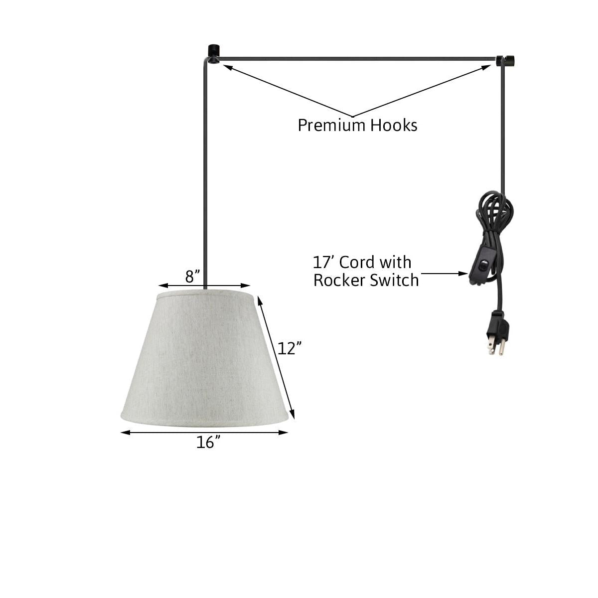 16"W 1 Light Swag Plug-In Pendant Textured Oatmeal Shade Black Cord