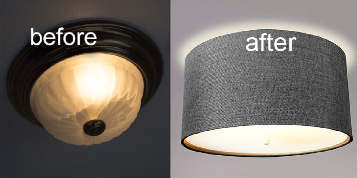 16"W Moderne Flush Mount Conversion Kit Granite Gray Burlap Hardback Drum Lampshade