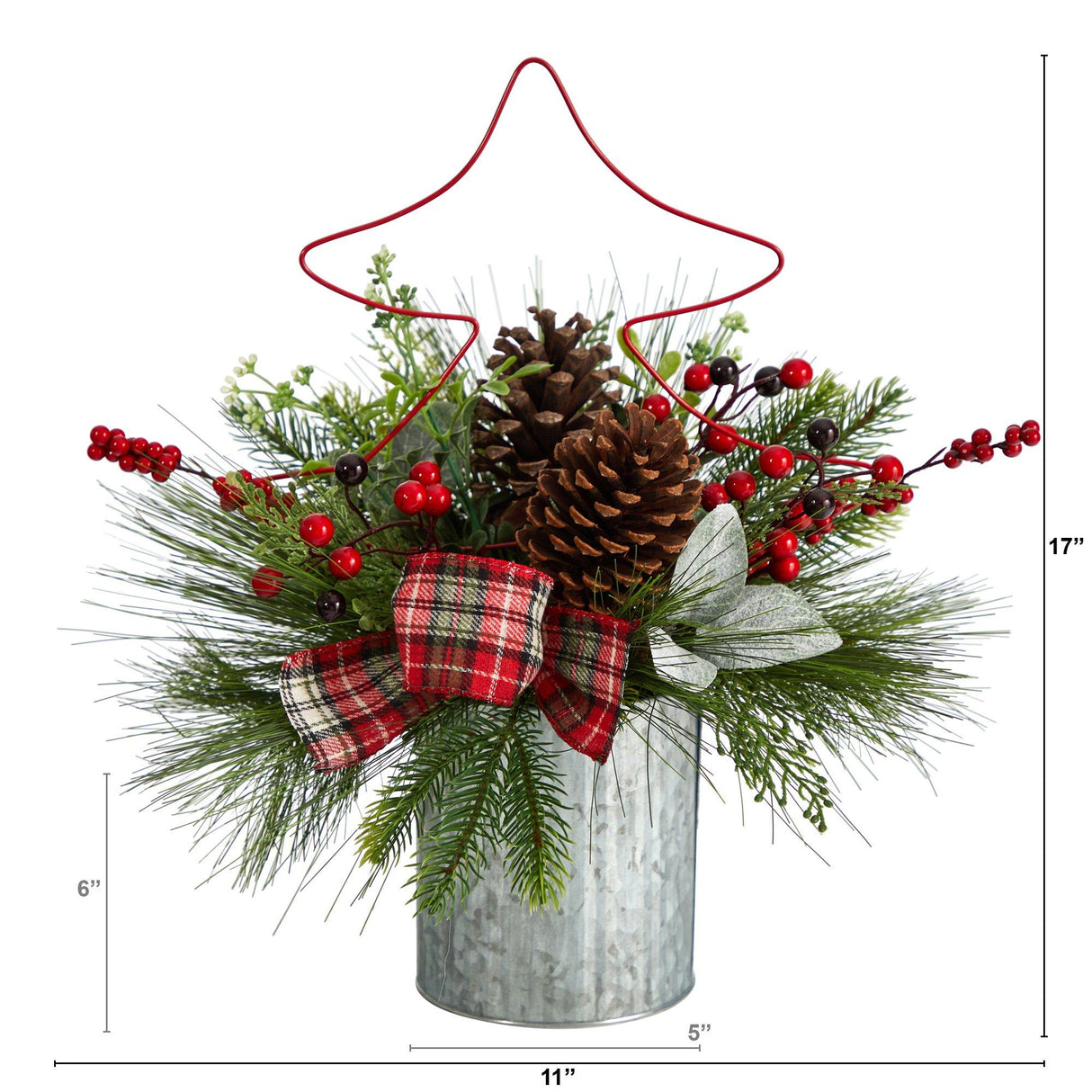 17” Pinecone and Berries Arrangement with Decorative Metal Vase and Wrired Red Tree-Arrangement-Parc Decor