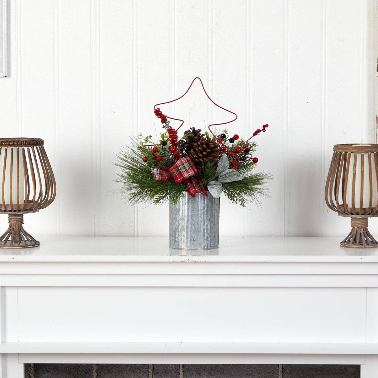 17” Pinecone and Berries Arrangement with Decorative Metal Vase and Wrired Red Tree-Arrangement-Parc Decor