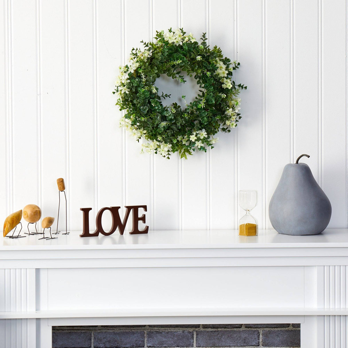 18” Eucalyptus and Dancing Daisy Double Ring Artificial Wreath with Twig Base-Parc Decor