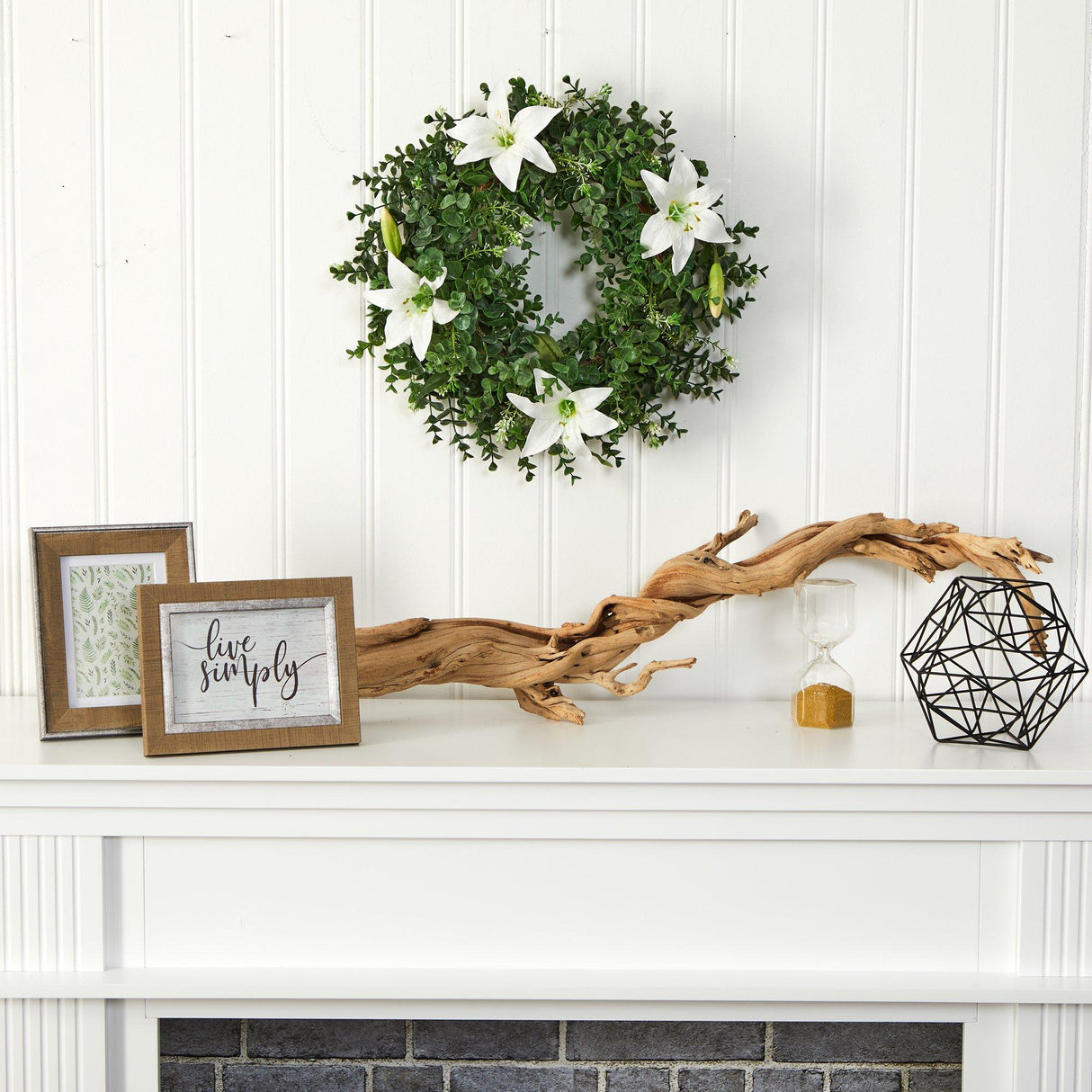 18” Eucalyptus and Lily Double Ring Artificial Wreath with Twig Base-Parc Decor