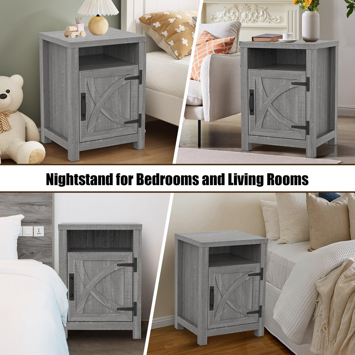18" Solid Wood Farmhouse Nightstand for Bedroom in Brown or Grey or White-Parc Decor