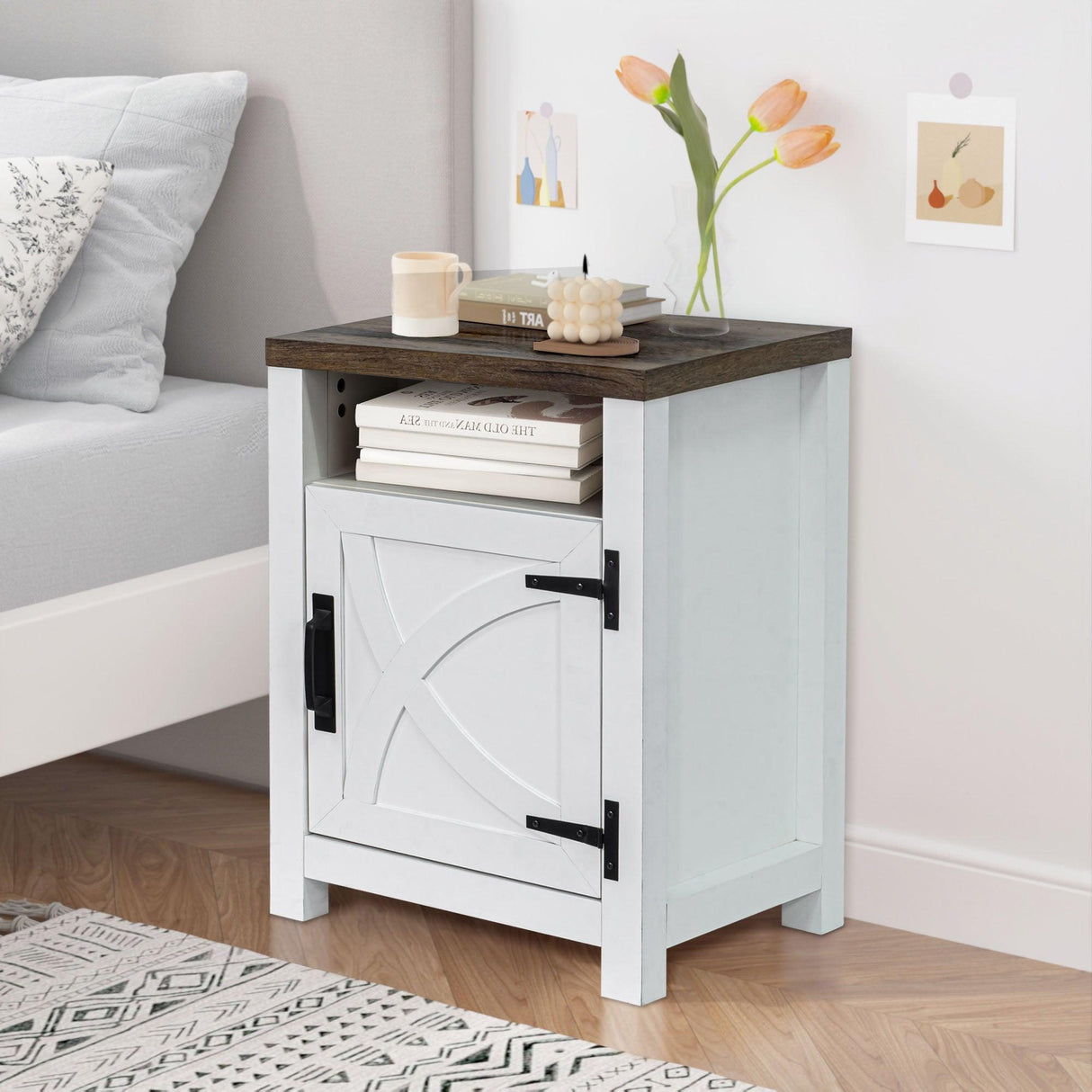 18" Solid Wood Farmhouse Nightstand for Bedroom in Brown or Grey or White-Parc Decor