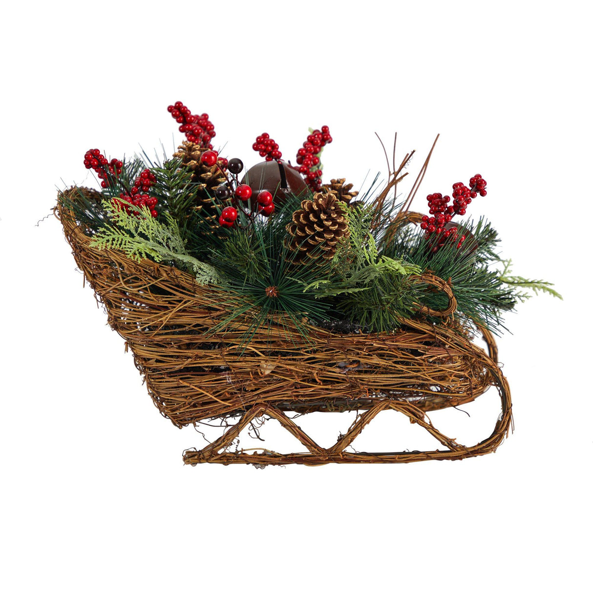 18” Christmas Sleigh with Pine, Pinecones and Berries Artificial Christmas Arrangement-Arrangement-Parc Decor