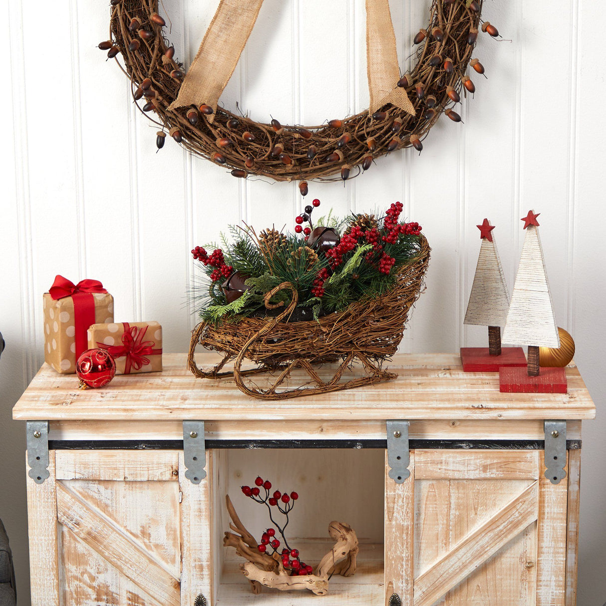 18” Christmas Sleigh with Pine, Pinecones and Berries Artificial Christmas Arrangement-Arrangement-Parc Decor