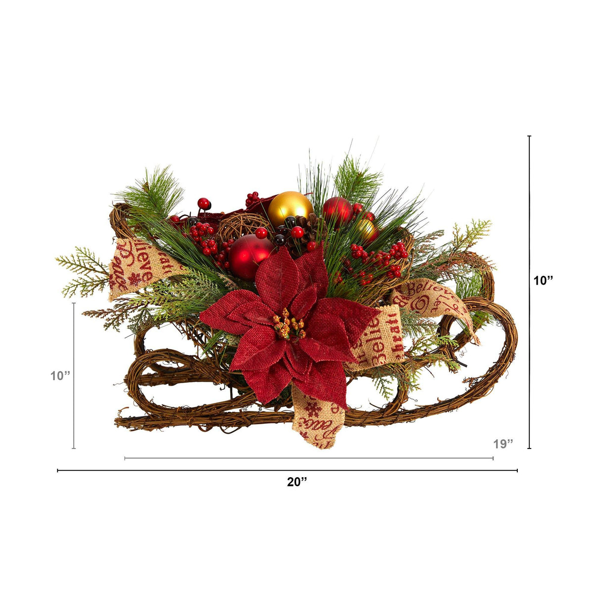18” Christmas Sleigh with Poinsettia, Berries and Pinecone Artificial Arrangement with Ornaments-Arrangement-Parc Decor