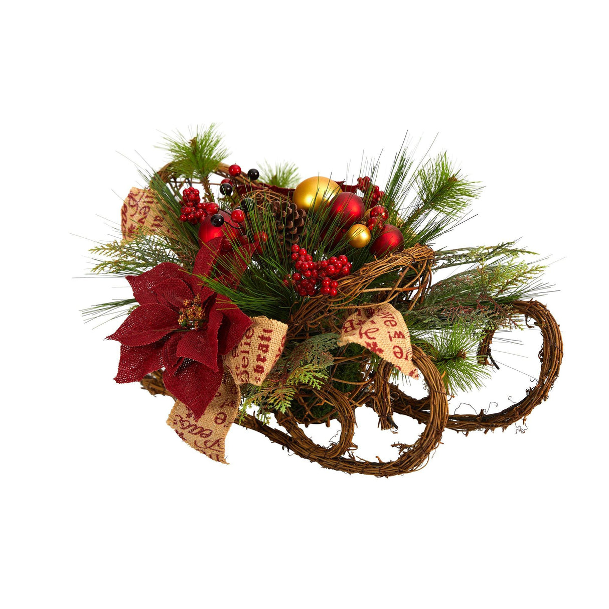 18” Christmas Sleigh with Poinsettia, Berries and Pinecone Artificial Arrangement with Ornaments-Arrangement-Parc Decor
