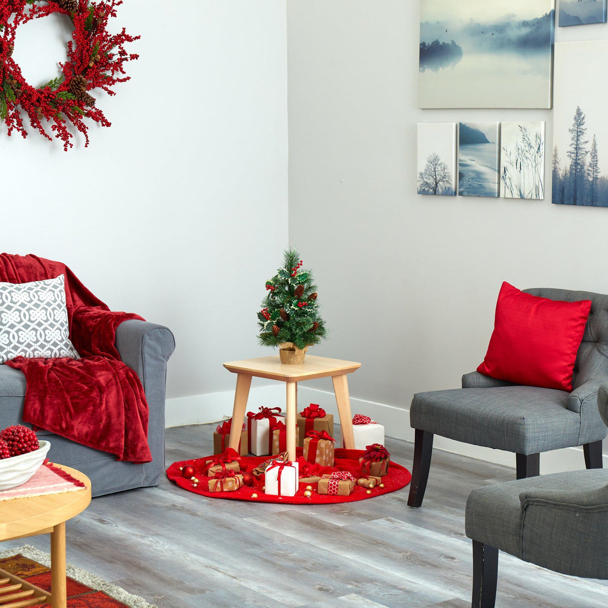 18” Mixed Pine Artificial Christmas Tree with Holly Berries, Pinecones, 35 Clear LED Lights and Burlap Base-Christmas Tree-Parc Decor